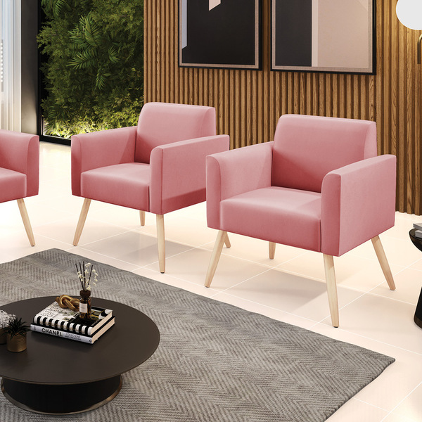 Kit 2 Poltronas Pés Palito Natural Marisa Suede Rosê D03 - D'