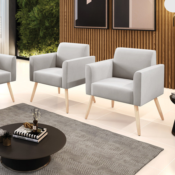 Kit 2 Poltronas Pés Palito Natural Marisa Veludo - Cinza