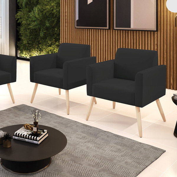 Kit 2 Poltronas Pés Palito Natural Marisa Veludo - Preto