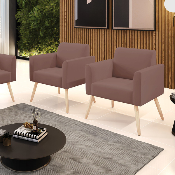 Kit 2 Poltronas Pés Palito Natural Marisa Veludo Rosê