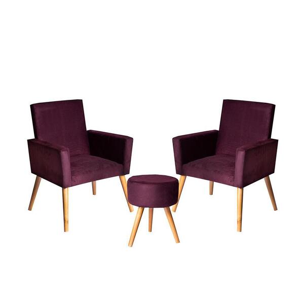 Kit 2 Poltronas Pés Palito Vinho E Puff Vinho Maragogibe