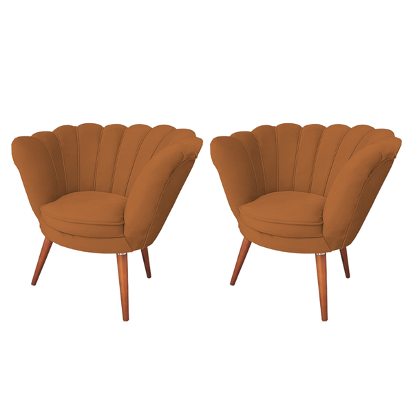 Kit 2 Poltronas Pétala Flor Veludo Laranja Em Pés Palito Made