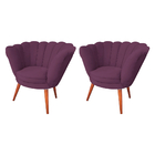 Kit 2 Poltronas Pétala Flor Veludo Roxo Em Pés Palito Madeira