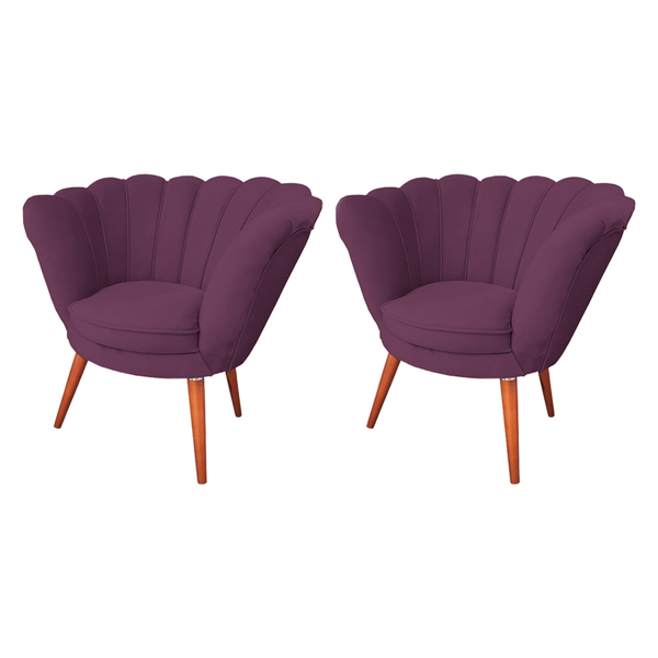 Kit 2 Poltronas Pétala Veludo Roxo Com Pés Palito Em Madeira