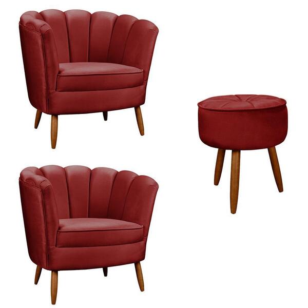 Kit 2 Poltronas Pétalas E Puff Decorativo Ariel Vinho