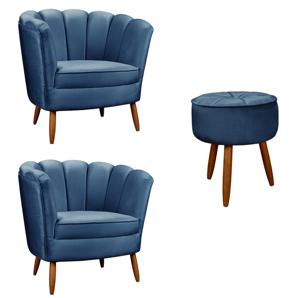 Kit 2 Poltronas Pétalas E Puff Pés De Madeira Decorativo Arie