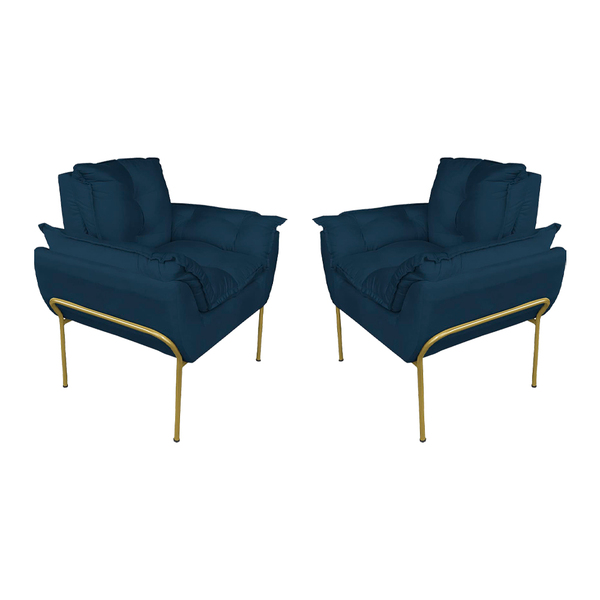 Kit 2 Poltronas Sala Base Dourada Suede Azul Marinho - Vallis
