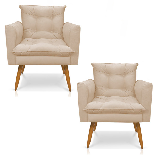 Kit 2 Poltronas Tais Suede Bege Pés Palito Castanho - D'rossi