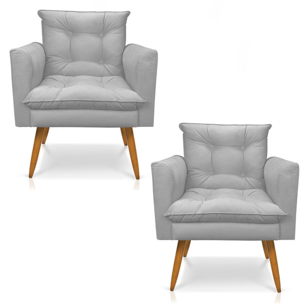 Kit 2 Poltronas Tais Suede Cinza Pés Palito Castanho - D'rossi