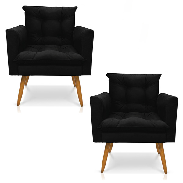 Kit 2 Poltronas Tais Suede Preto Pés Palito Castanho - D'rossi