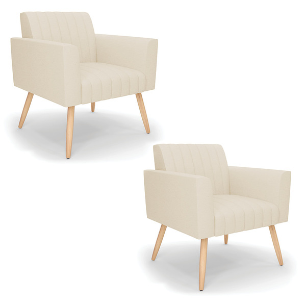 Kit 2 Poltronas Viena Gomada Linho Bege A19 Pés Palito Natural