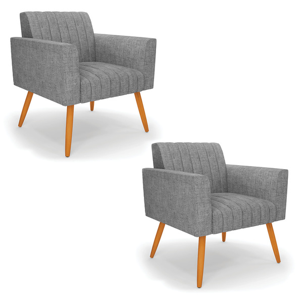 Kit 2 Poltronas Viena Gomada Linho Pés Palito Castanho D03 -