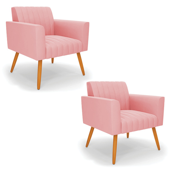 Kit 2 Poltronas Viena Gomada Suede Rosê Pés Palito Castanho
