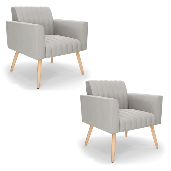 Kit 2 Poltronas Viena Gomada Veludo Cinza Pés Palito Natural