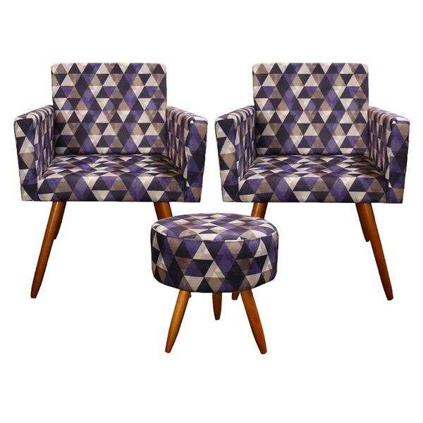 Kit 2 Poltronas Vitória Com Puff Bali Decorativo Estampa Triâ