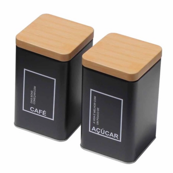 Kit 2 Porta Mantimento Espaço Café E Açúcar Tampa Bambu Luxo