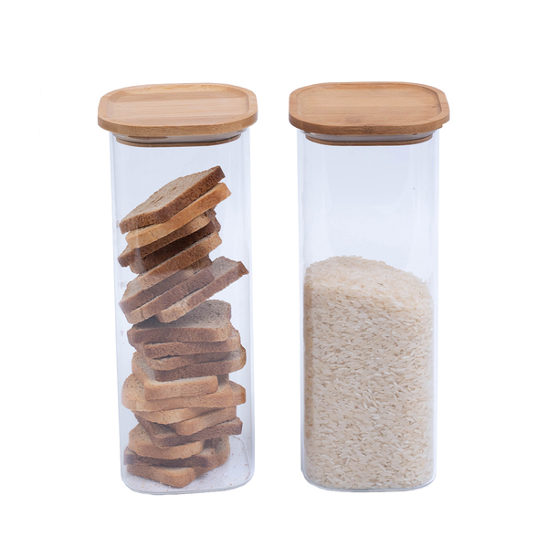 Kit 2 Pote Hermético Vidro Tampa Bambu Quadrado 1,9l Oikos Na