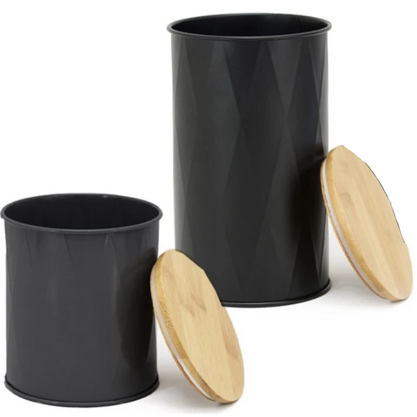 Kit 2 Potes Para Mantimentos De Lata Com Tampa De Bambu Preto