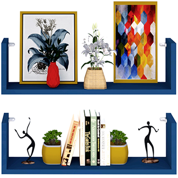 Kit 2 Prateleira Nicho U 60x15x10p Azul  Mdf Dvd Livro