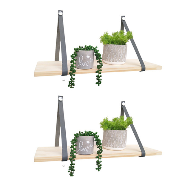 Kit 2 Prateleiras Madeira Pinus Alça Suporte Couro Cinza 40x20
