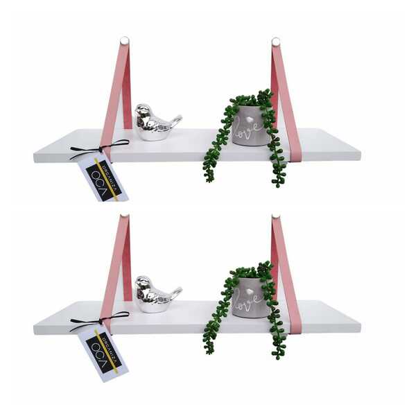 Kit 2 Prateleiras Mdf Branco Alça Couro Rosa Claro 60x20