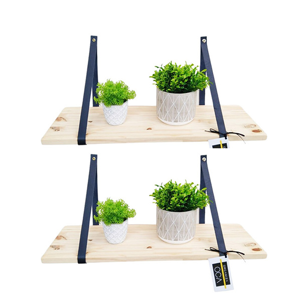 Kit 2 Pratelerias Madeira Pinus Alça Couro Azul Marinho 60x25