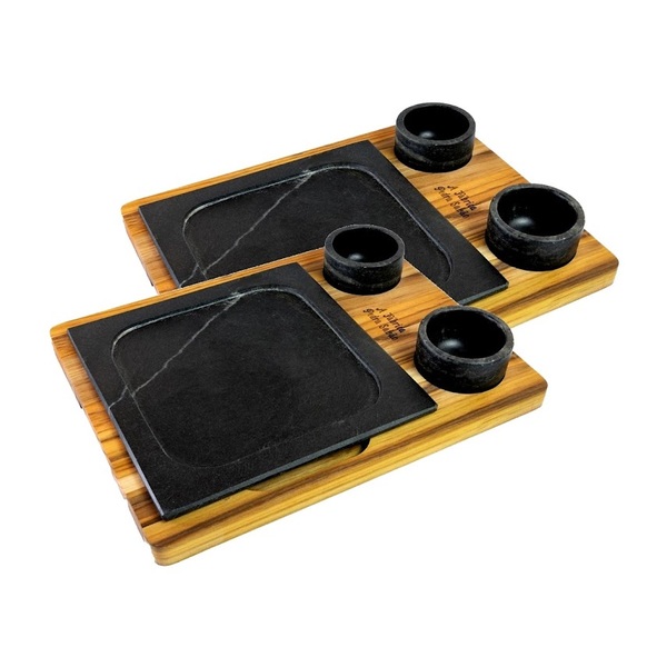 Kit 2 Prato Com 04 Molheiras Pedra Sabão E Suporte G 25x25cm