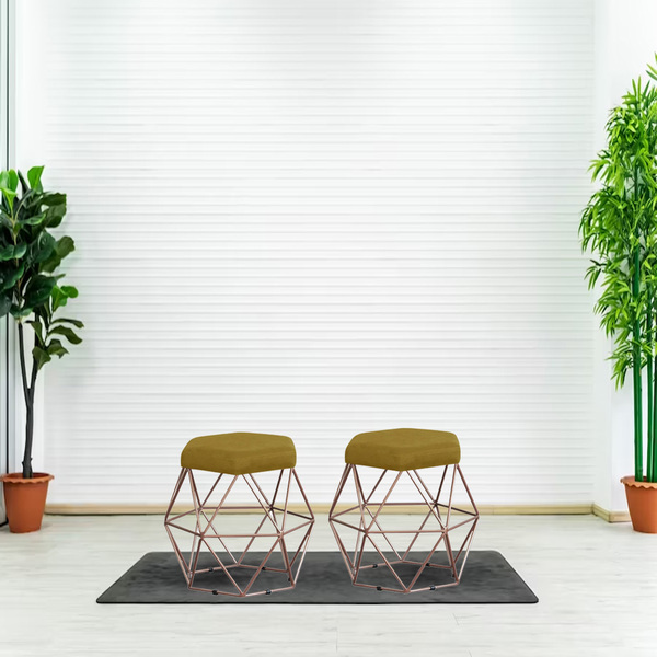 Kit 2 Puff Aramado Cronos Suede Mostarda Base Bronze Tana Dec