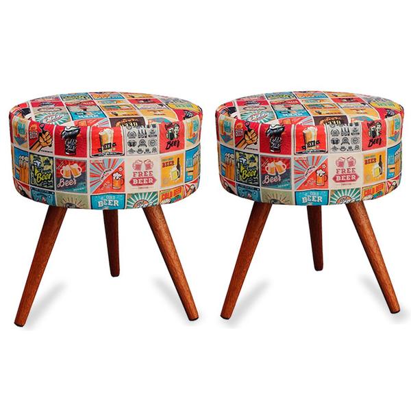 Kit 2 Puff Cama Inbox Las Vegas Redondo Com Pés Em Madeira Ma