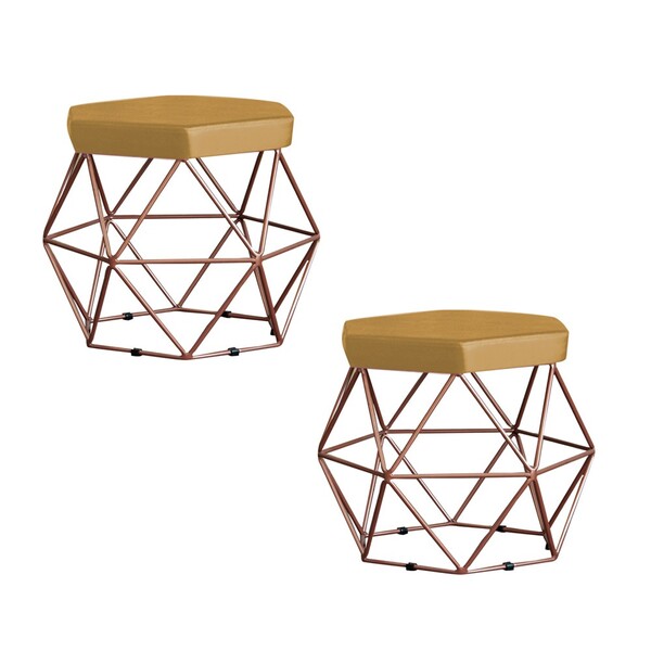 Kit 2 Puff Decorativo Base Bronze Elsa Suede Mostarda G41 - G