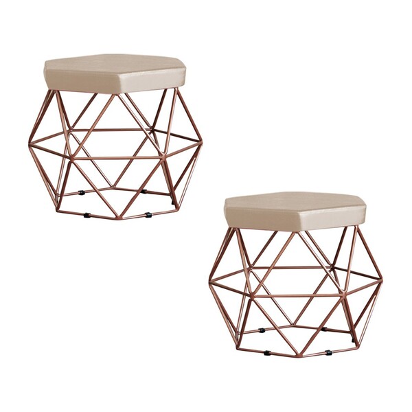 Kit 2 Puff Decorativo Base Bronze Elsa Veludo Bege G41 - Gran