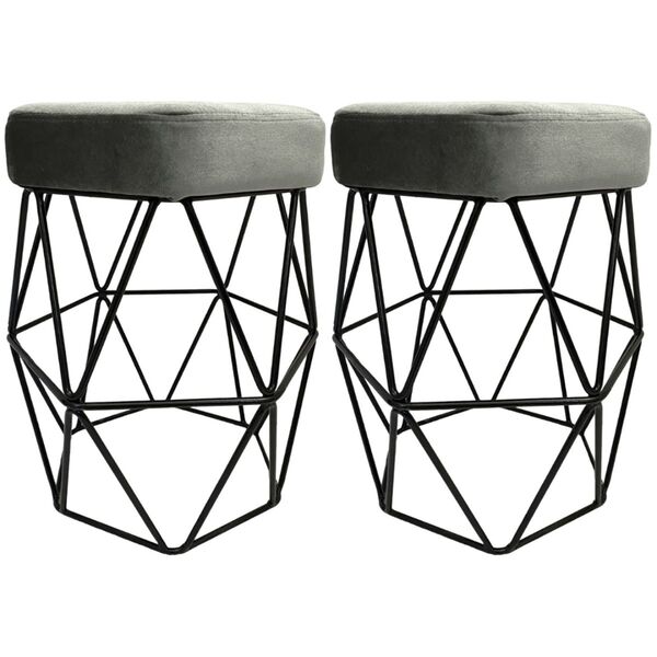 Kit 2 Puff Decorativo Cristal Veludo Cinza Base Preto