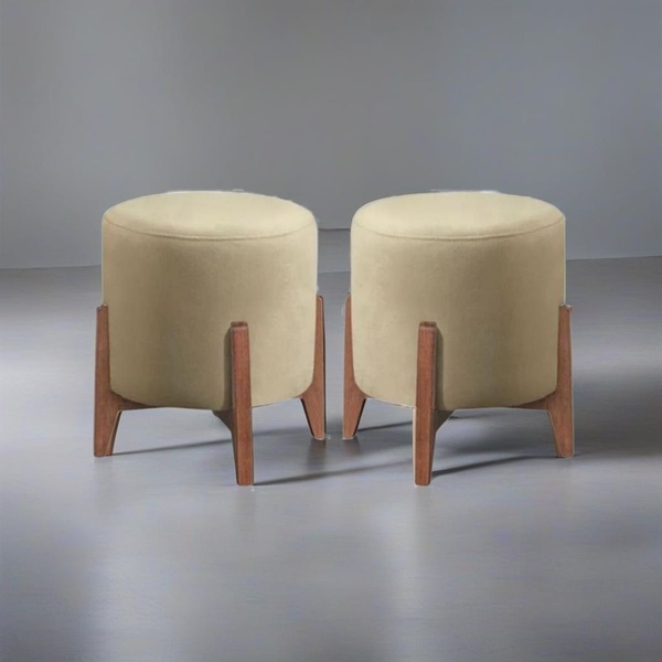 Kit 2 Puff Decorativo Para Sala Redondo Luxo Viena Veludo Bege