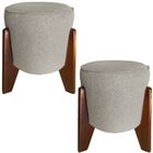 Kit 2 Puff Decorativo Redondo Itália Linho Cru Pés Madeira