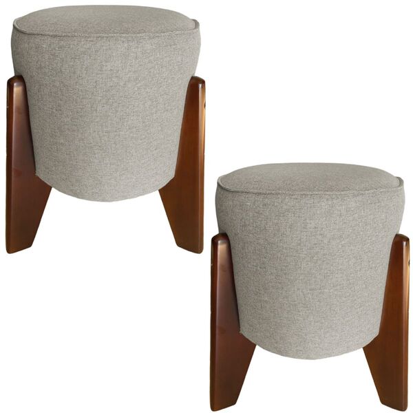 Kit 2 Puff Decorativo Redondo Itália Linho Cru Pés Madeira