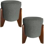 Kit 2 Puff Decorativo Redondo Itália Veludo Cinza Pé Madeira