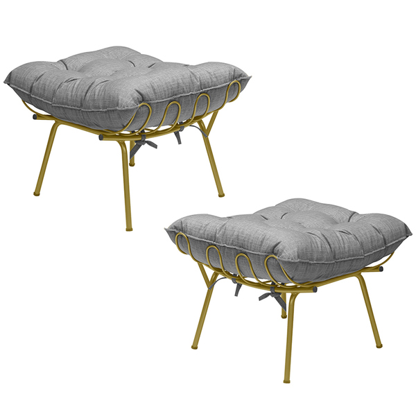Kit 2 Puff Decorativo Sala De Estar Abel Pés Dourado Linho Ci