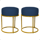 Kit 2 Puff Decorativos Para Sala Luxe Base Dourada Suede Azul