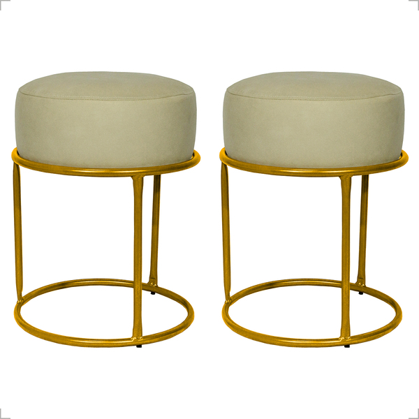 Kit 2 Puff Decorativos Para Sala Luxe Base Dourada Suede Bege