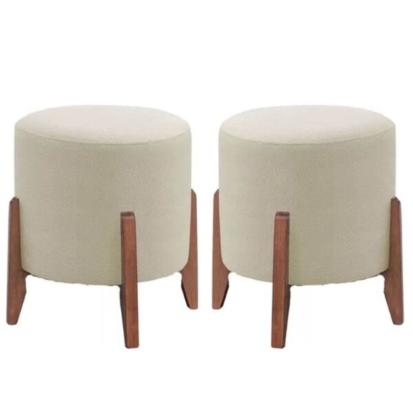 Kit 2 Puff Decorativos Redondo Eloá Luxo Linho Bege Claro