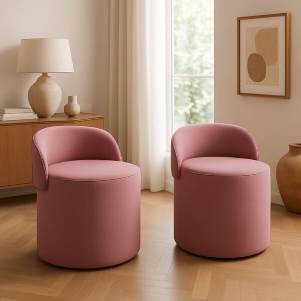 Kit 2 Puff Encosto Suede Redondo Sala Banco Orgânico Quarto R