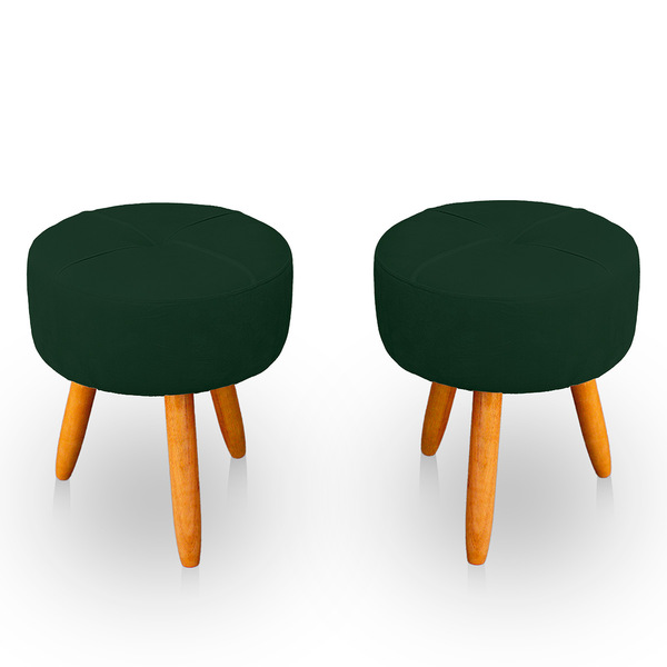Kit 2 Puff Redondo Com Babado Para Sala E Quarto Veludo Verde