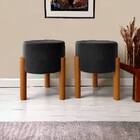 Kit 2 Puff Redondo Com Base De Madeira – Preto