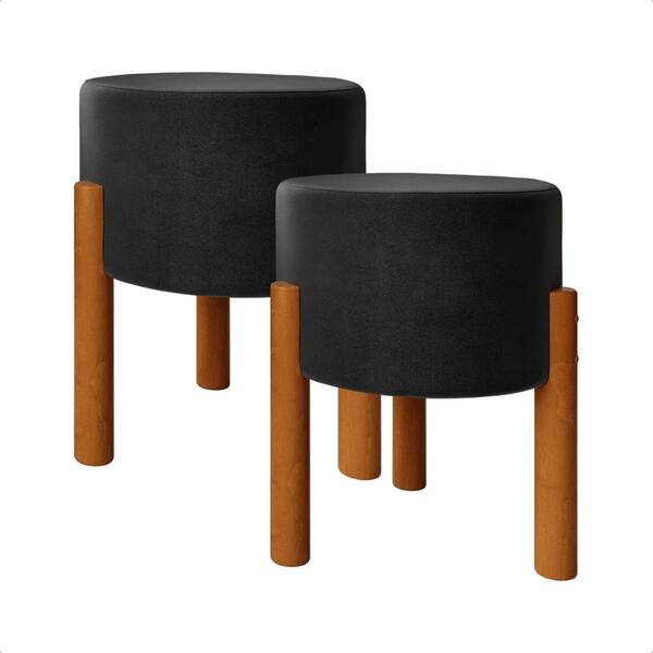 Kit 2 Puff Redondo Com Base De Madeira – Preto