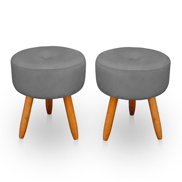 Kit 2 Puff Redondo Com Botonê Para Sala E Quarto Veludo Cinza