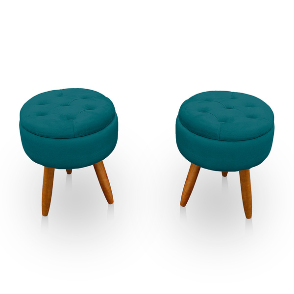 Kit 2 Puff Redondo Com Captonê Para Sala E Quarto Veludo Azul