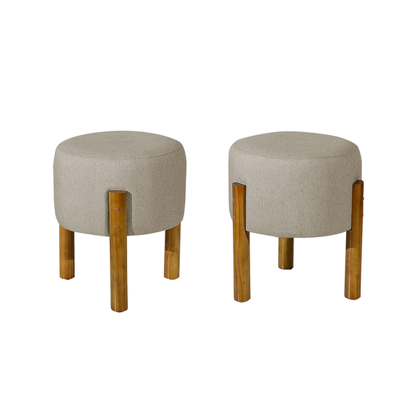 Kit 2 Puff Redondo Decorativo New Riviera Pés Maciça - Bege