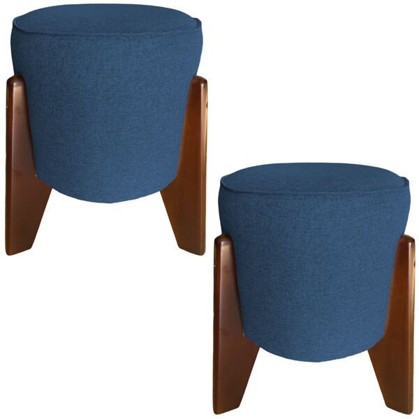 Kit 2 Puff Redondo Itália Veludo Azul Marinho Pés Madeira