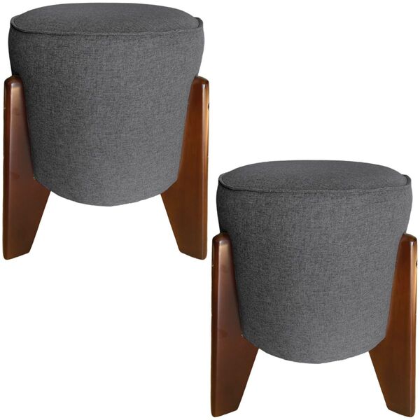Kit 2 Puff Redondo Itália Veludo Cinza Chumbo Pés Madeira