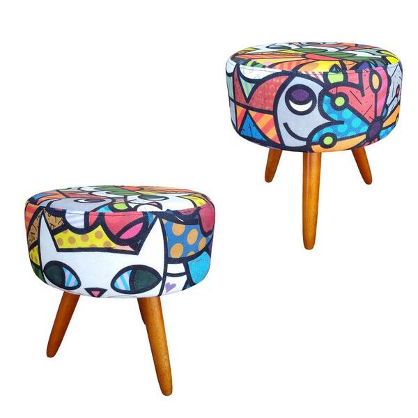 Kit 2 Puffs Bali Decorativo Estampa Romero Brito Kasa Sofá